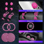 25PCS Bling Car Car Accessories Set,15 Inch Steering Wheel Cover,Shiny License Plate Frame,Center Console Cover and Rearview Mirror Set and Other Car Accessories(Rose Pink)
