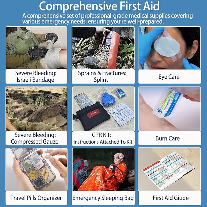 Comprehensive First Aid Kit for Home, Premium Emergency Trauma Kits with Shoulder Strap for Car Camping Gear, Waterproof Surv