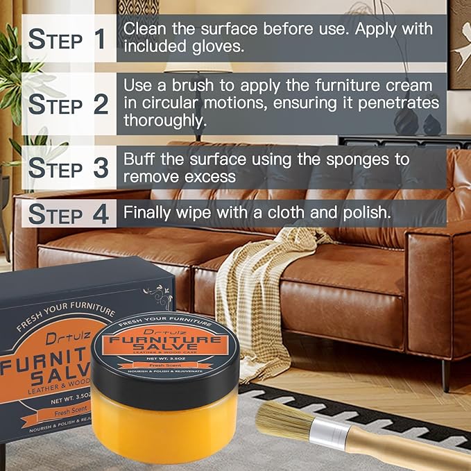 Furniture Salve with Beeswax & Orange Oil for Leather, Wood, Vinyl – 3-in-1 Polisher, Conditioner & Restorer for Couches, Tab