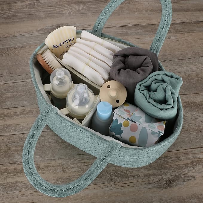 Diaper Caddy Organizer for Baby Cotton Rope Nursery Storage Bin Basket Portable Holder Tote Bag for Changing Table Car Travel