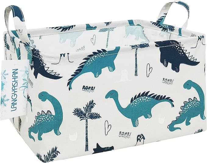 LANGYASHAN Rectangular Storage Bin Collapse Canvas Fabric Cartoon Storage Basket with Handles for Organizing Home Kitchen Boy