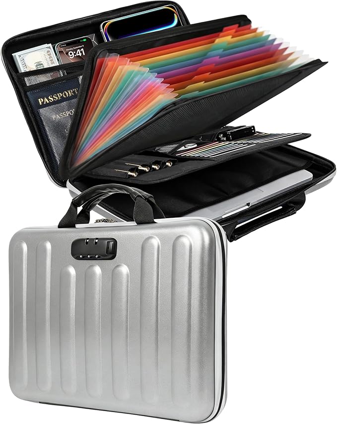 DOZAWA Fireproof Document Box, Hard Case Document Organizer with Lock, 13 Pockets Accordion File Folder with Reflective Strip