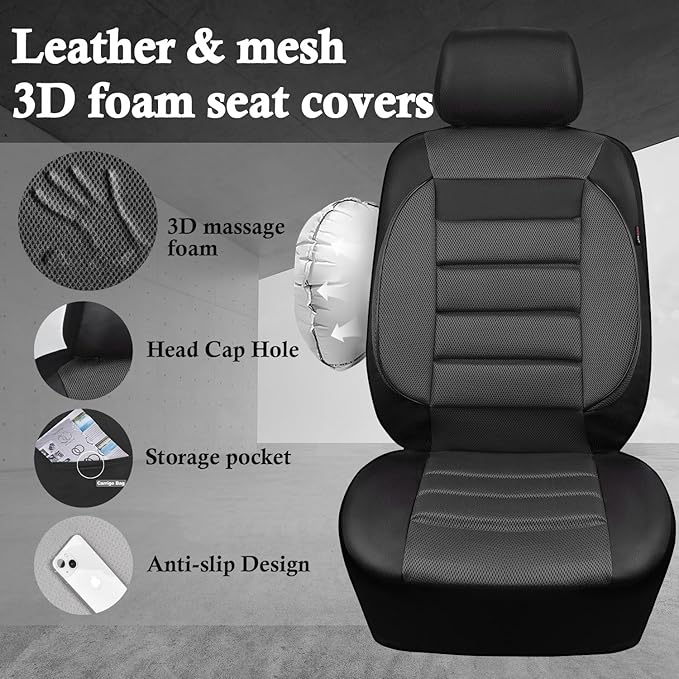 CAR PASS 3D Foam Leather Car Seat Covers Two Front Seats only, Air Mesh Thick Seat Covers, All Weather Car Seat Cover Comfort