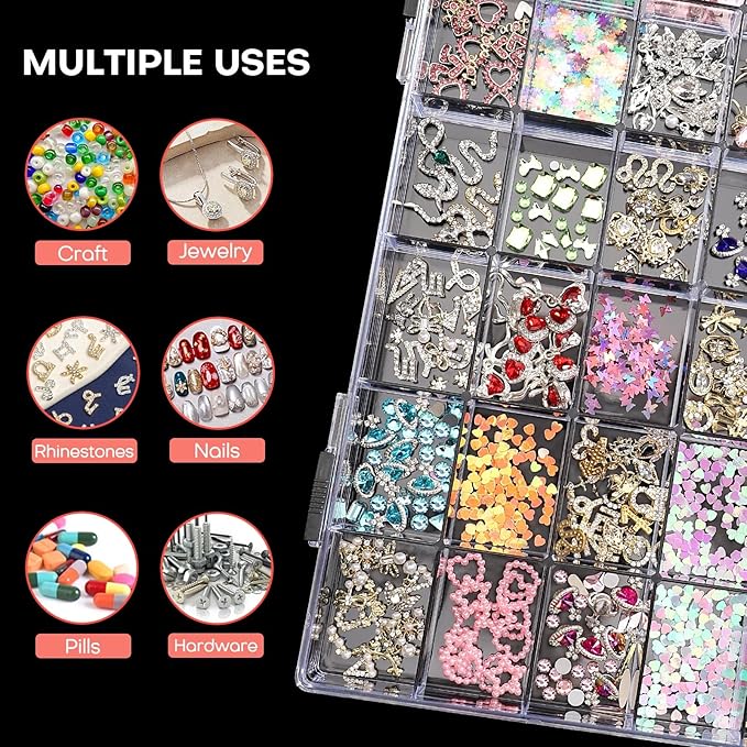 Noverlife 2 Pack 36 Grids Clear Plastic Organizer Box, Jewelry Craft Storage Container Bead Holder Nail Charm Organizer, Rock