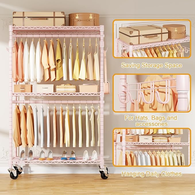 ULIFHOME P1 Rolling Closets with Wheels and Shelves, Portable Closet Wardrobe for Clothes Hanging, Pink Clothing Storage and 