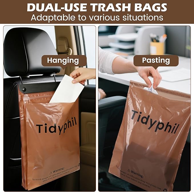 50 PCS Disposable Car Trash Bags Hanging, Leak-proof, Odor Seal. 2 Gallon Car Garbage Bags, Big Capacity. Independent of Car Trash Can, Easy Stick-On Car trash Bin for Car, SUV, Truck, Stroller. Brown