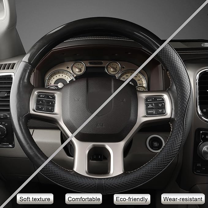 West Llama Customized Auto Car Steering Wheel Cover for Dodge RAM 1500 2500 3500, 15.5-16 inch (Black-Large Size)
