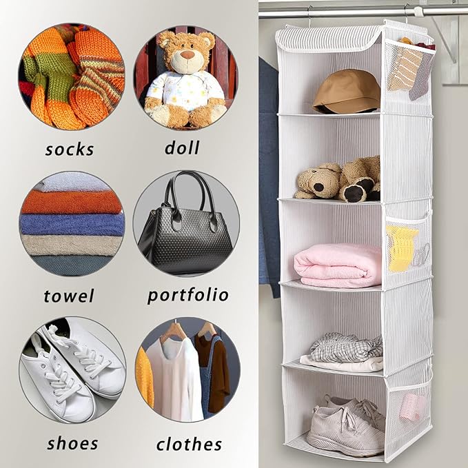 BrilliantJo 5 Shelves Hanging Closet Organizer, 2 Pack Hanging Storage with 6 Side Pockets for Clothes Shoes, 43"x12"x12"(Str