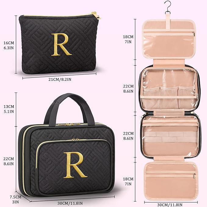 Gifts for Women, Initial Toiletry Makeup Bag Hanging Cosmetic Organizer with Embroidery Letter Personalized Nurse Teacher App