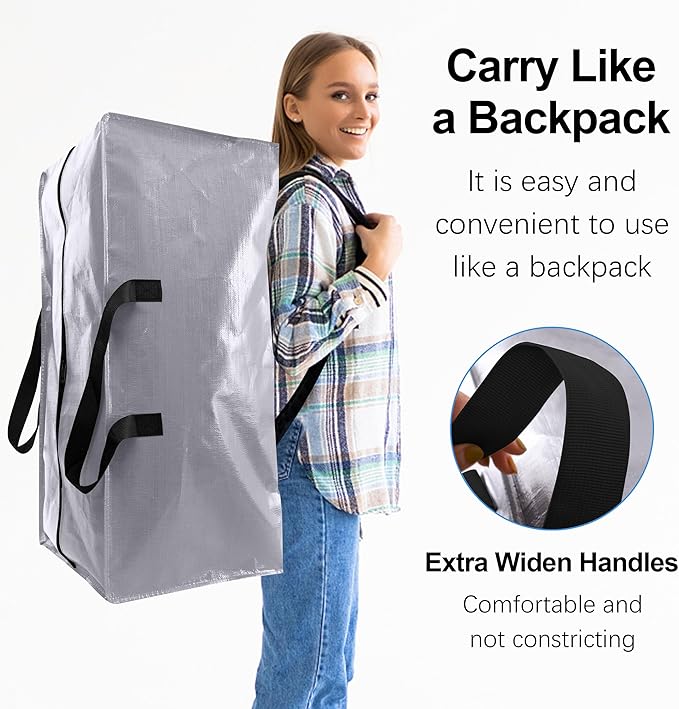 6 Pack Heavy Duty Extra Large Moving Bags W/Backpack Straps - Strong Handles & Zippers, Storage Totes For Space Saving, Fold 