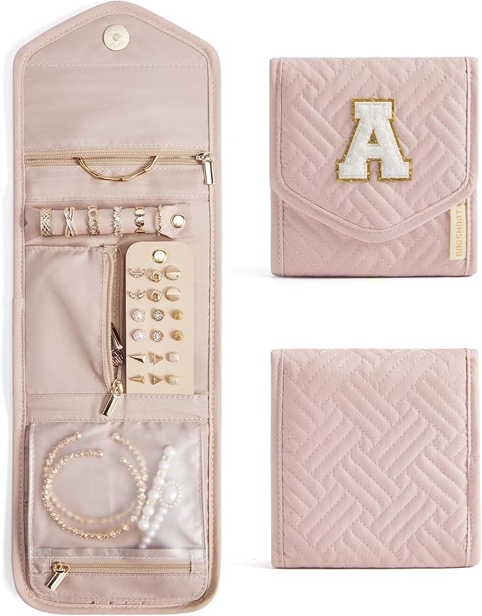 BAGSMART Travel Jewelry Organizer Case A Initial Foldable Jewelry Roll for Journey Rings, Necklaces, Earrings, Bracelets,Mini