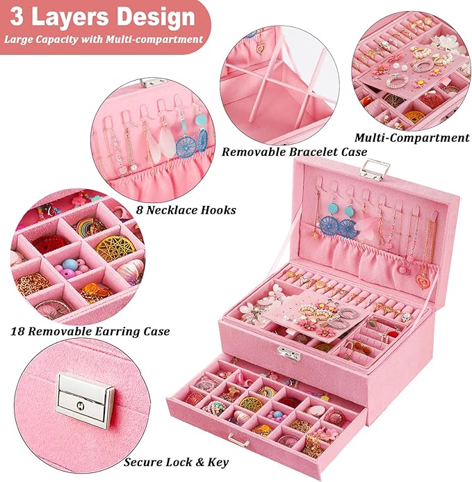 QBestry 3-Layer Jewelry Box for Girls & Teens with Lock and Key, Large Jewelry Organizer with 8 Necklace Hooks & 56 Earring H