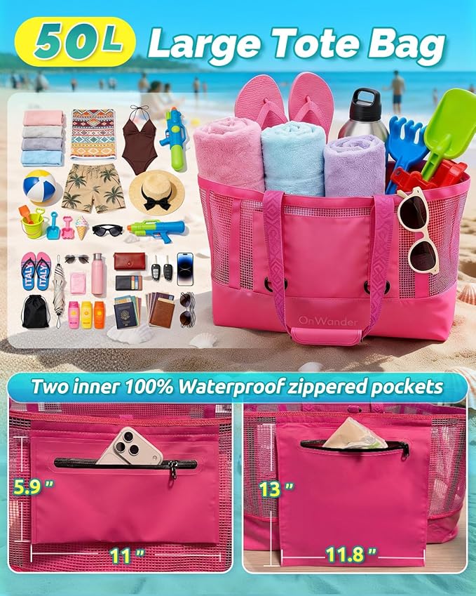 Large Mesh Beach Tote Bag - 50L Pool Bags with 2 Inner Zipper Waterproof Pockets for Swim Toys Towels Travel