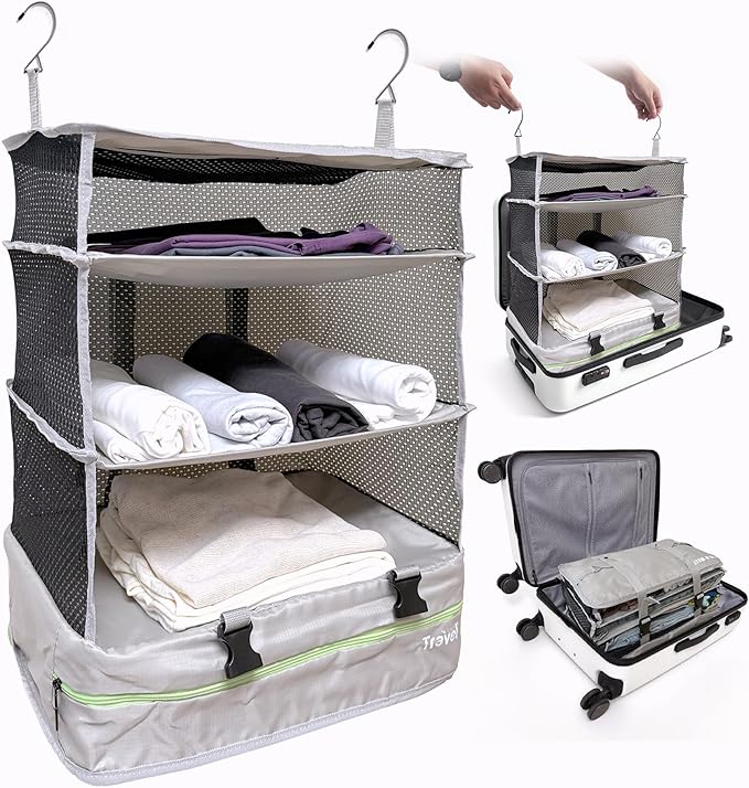 Grand Fusion Stow-N-Go Packing Organizer for Luggage, Portable Hanging Travel Shelves, Carry-On Closet, Hanging Packing Cubes