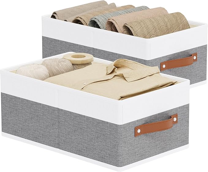 Storage Baskets, 16.1 × 9.8 × 6.5 Inch Drawer Organizers with Handles, Fabric Storage Bins for Organizing Shelves, White and 