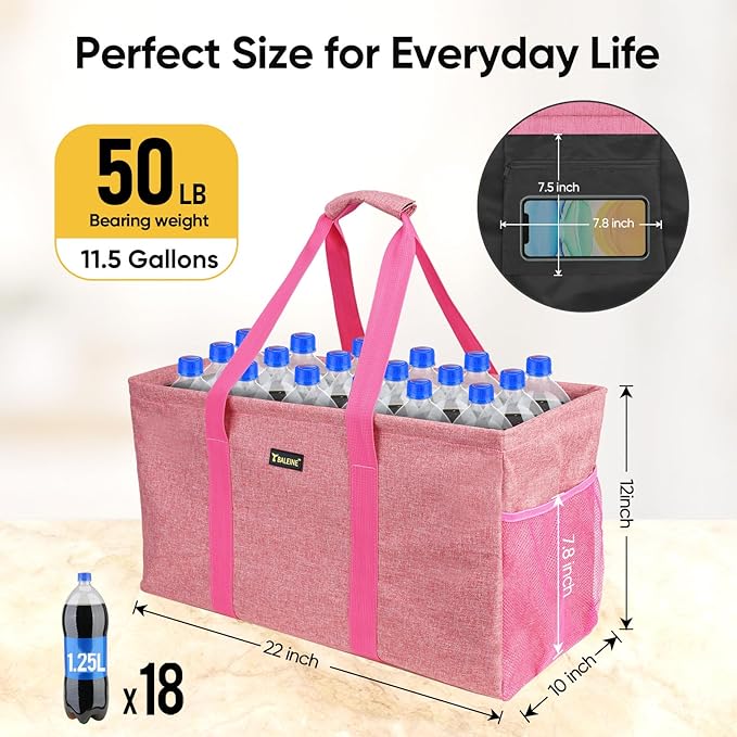 BALEINE Extra Large Utility Tote Bag with Wire Frame for Storage (Pink, 22''x12''x10'')