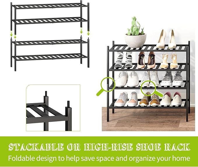 BMOSU 2-Tier Bamboo Extended Shoe Rack Premium Stackable Shoe Shelf Storage Organizer for Hallway Closet Living Room Entryway