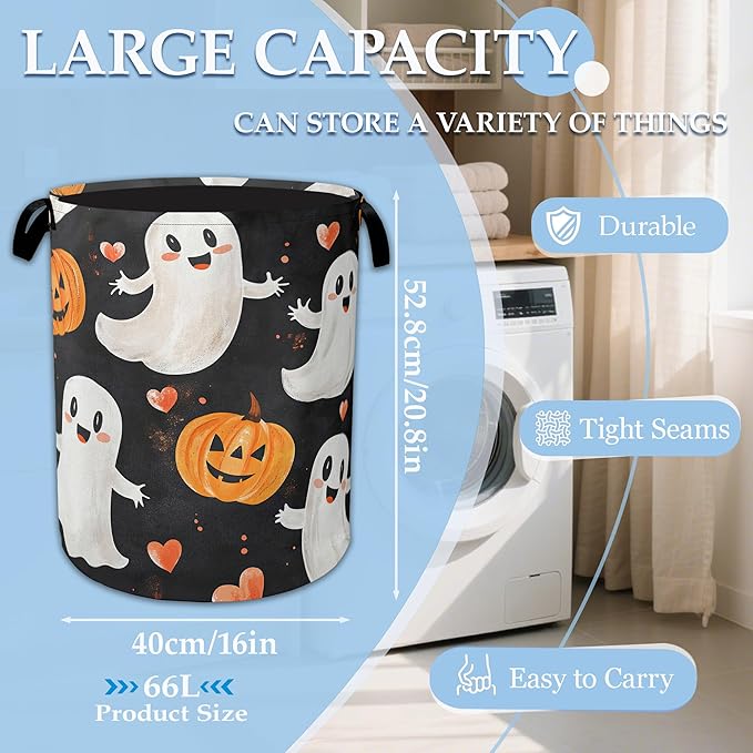 Halloween Ghost Pumpkin Laundry Basket Collapsible Laundry Hamper Clothes Toy Storage Bin for Bathroom Bedroom Room Decor 16"