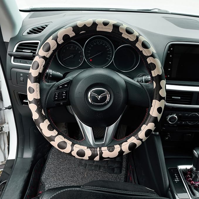 Microfiber Leather Steering Wheel Cover 14.5-15 inch, Black Floral Design, Anti-Slip Rubber Inner, Universal Fit for Cars, Tr
