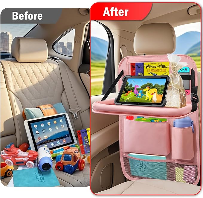 2Pack Car Backseat Organizer with Foldable Table Tray,6 Storage Pockets Car Storage Organizer with Tablet Holder,Car Seat Back Protectors Kick Mats Travel Accessories (Pink)