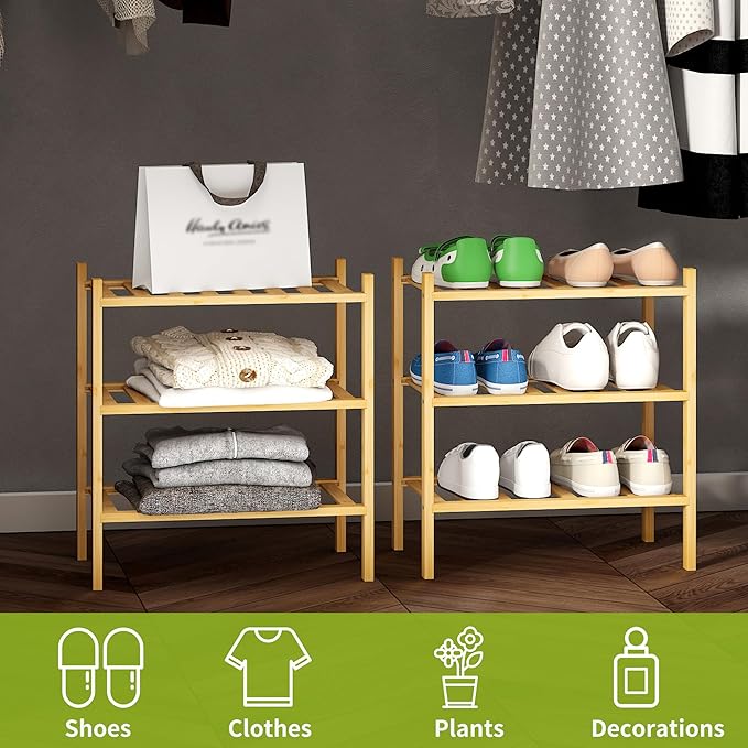 BMOSU 3-Tier Bamboo Small Shoe Rack Premium Stackable Shoe Shelf Storage Organizer for Hallway Closet Living Room Entryway Or