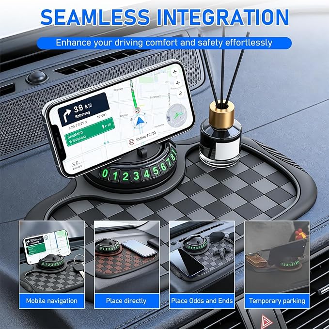 Multifunction Car Anti Slip Mat,Multi-Functional Support Anti-Slip Pad,360° Rotatable Phone Holder Car Dashboard Mat with Tem