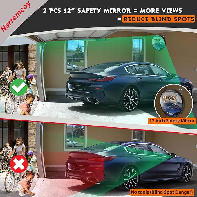 2 Pcs 12” Acrylic Convex Mirror - Adjustable Wide Angle View Security Traffic Mirror Indoor Outdoor, Wall Mounting Corner Blind Spot for Garage Warehouse, School, Store Safety and Office