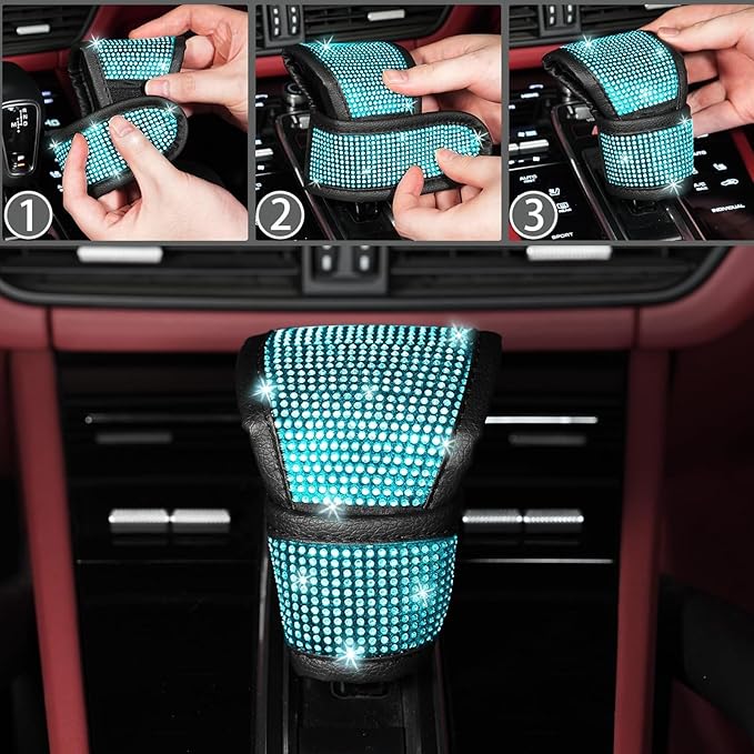 NBTEPEM 30 Pcs Aquamarine Bling Car Accessories Set for Women, Steering Wheel Cover Set, Bling Console Cover, Seat Belt Cushion, Shift Knob Cushion, Cup Coaster, Rhinestone Car Hanging Accessories