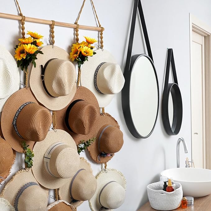 Macrame Hat Organizer Rack for Wall 15 Clips 31x66in Large Fedora Hat Hangers Display for Wide Brimmed Hat Holder Storage Boh