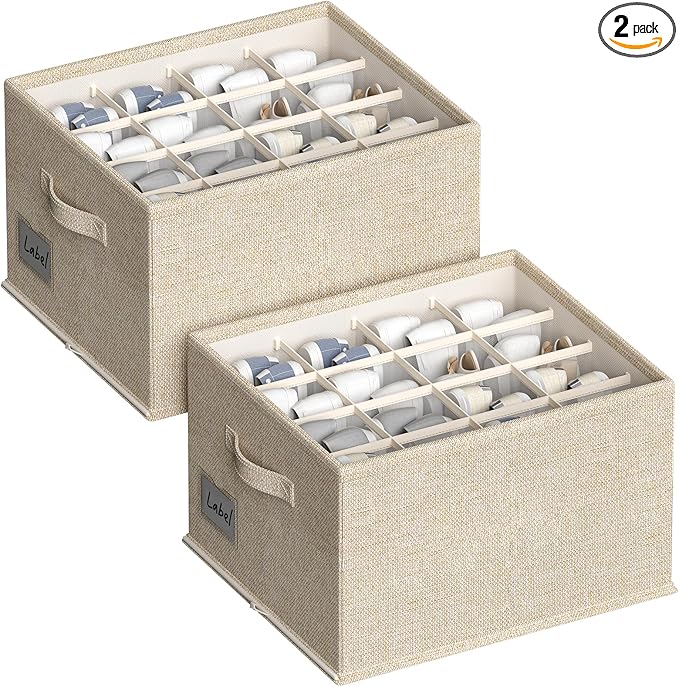 2 Pack Shoe Organizer for Closet, Fits 16-32 Pairs Fabric Shoe Storage Bins Large Shoe Box Storage Containers with Bottom Sup