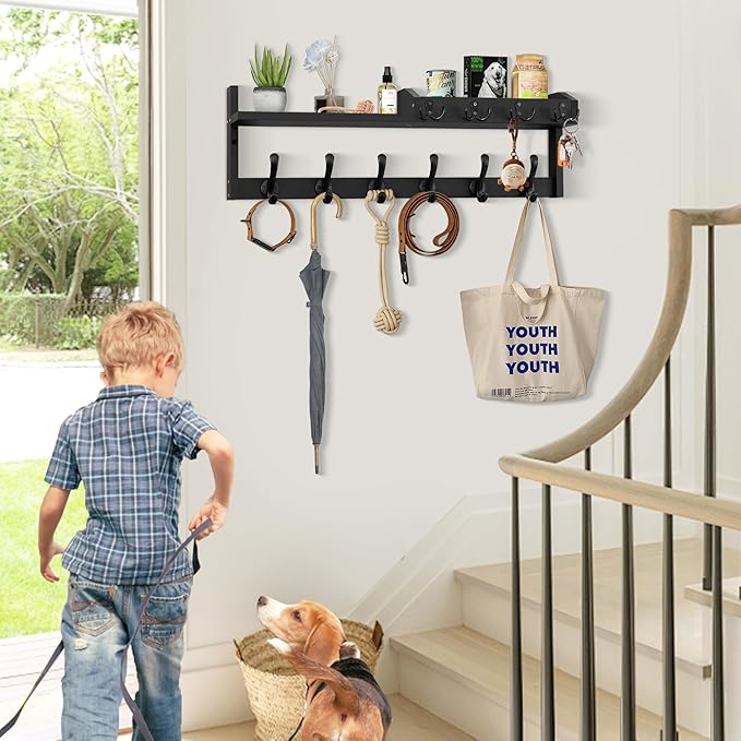Coat Rack Wall Mount with Shelf, 27.5" Entryway Wall Hanging Shelf, Coat and Key Hanger with 10 Dual Hooks, Mail Organizer an