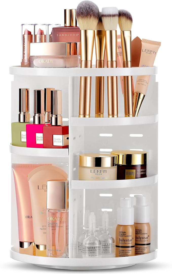 Masirs 360 Rotating Makeup Organizer for Vanity, Adjustable Shelf Height, Large Capacity Cosmetic and Skincare Storage, Lazy 