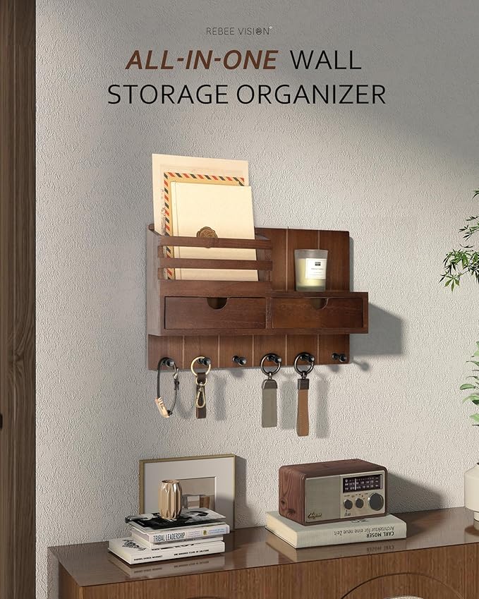 Rebee Vision Farmhouse Key Holder Wall Mount with 2 Drawer Organizer - Decorative Mail Organizer for wall with 6 Key Hooks - 