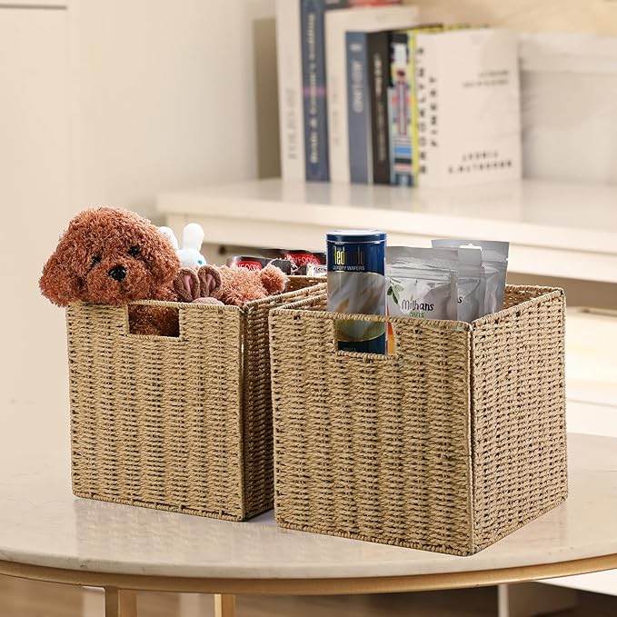 Vagusicc Wicker Baskets, Set of 2 Hand-Woven Storage Baskets for Shelves with Handles, Foldable Cube Wicker Storage Basket Bi