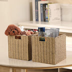 Vagusicc Wicker Baskets, Set of 2 Hand-Woven Storage Baskets for Shelves with Handles, Foldable Cube Wicker Storage Basket Bi