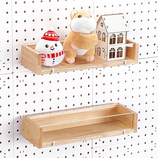 Marsui 2 Pcs Wooden Pegboard Shelf with Acrylic 12.2 x 3.94 Inch Wood Display Shelves Brackets with Metal Hooks Heavy Duty Pe