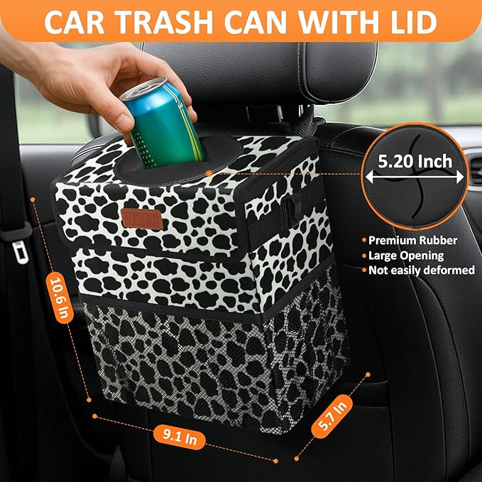 Car Trash Can for Car Cute,Bag Bin Hanging Waterproof Automotive Garbage Cans Leak Proof Vehicle Trash Can Cow Print