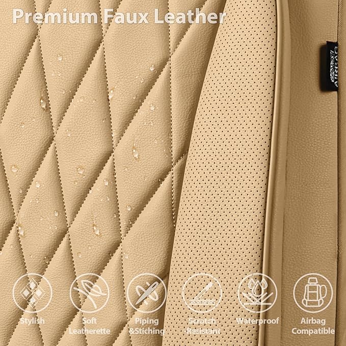 CAR PASS Piping Luxury PU Leather Two Front Car Seat Covers, Waterproof Anti Slip Seat Covers Compatible with Front Seat Armr
