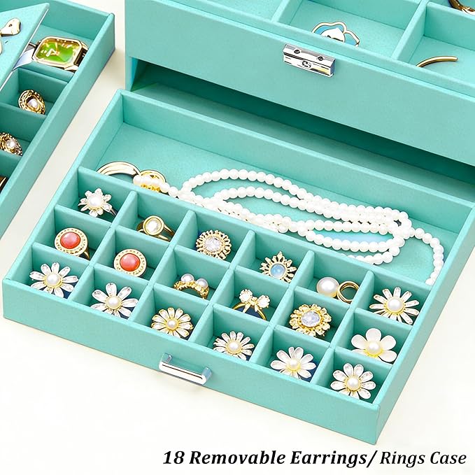 QBestry 3-Layer Jewelry Box for Girls & Teens with Lock and Key, Large Jewelry Organizer with 8 Necklace Hooks & 56 Earring H
