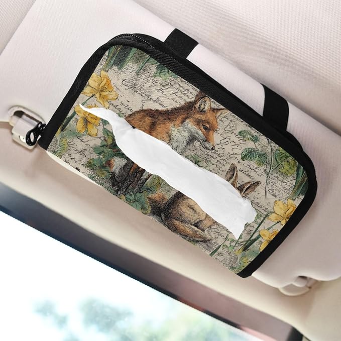 Car Tissue Holder Car Visor Organizer Tissue Box Holder for Car Sun Visor Organizer with Car Vehicle Accessories Essentials Interior for Women Men Beige Bunny Fox Daffodils