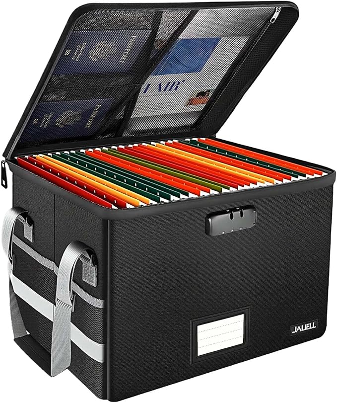 File Box with Lock, Fireproof Document File Organizer Box with Zipper & Adjustable Handle, Collapsible File Storage Box Home 