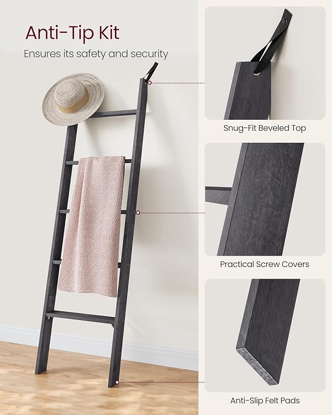 VASAGLE Blanket Ladder Decorative Farmhouse for The Living Room, 5-Tier Ladder Shelf, Ladder Rack for Storage and Decor, Mist