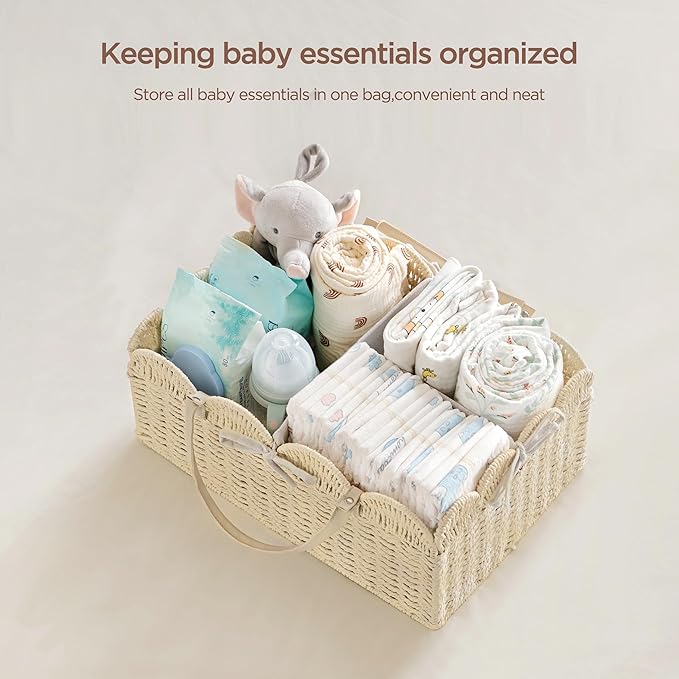 HBlife Baby Diaper Caddy, Paper Rope Storage Baskets Nursery Bin with Removable Divider, Portable Car Organizer for Diapers, 