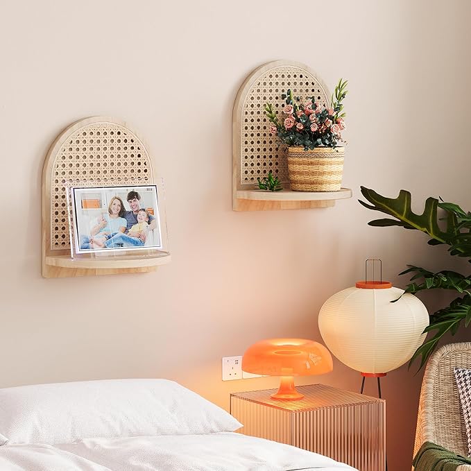 Rattan Shelf Set of 2, 7''Natural Rattan Shelf with Wicker Decor, Boho Wall Decor Small Floating Shelf for Plant Figurines Di