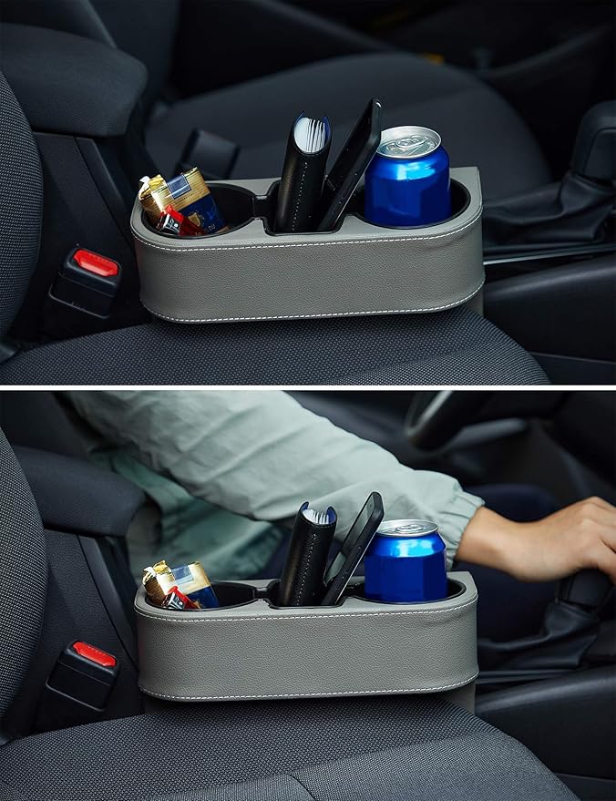 IOKONE Coin Side Pocket Console Side Pocket Leather Cover Car Cup Holder Auto Front Seat Organizer Cell Mobile Phone Holder (Gray)
