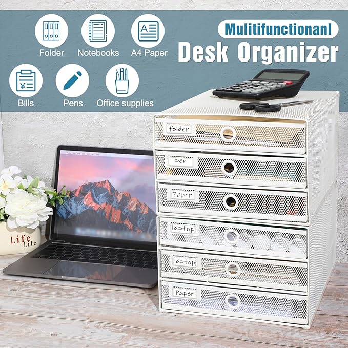 Zhanmai 2 Pack White Desk Organizer with Drawer Total Wire Mesh Storage Tray Multifunctional Paper Sorter File Stand for Home