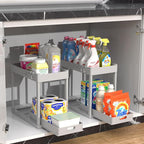 2PC Under Sink Organizer Rack 2 Tier Under Sliding Cabinet Basket Organizer Drawer with 4 Hooks, Multi-purpose Under Sink Sto