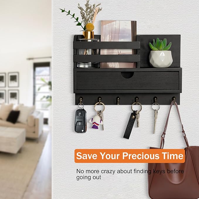 dreampossible Key and Mail Holder for Wall, Mail Organizer Wall Mount with 6 Hooks and Storage Drawer, Wooden Key Rack Hanger