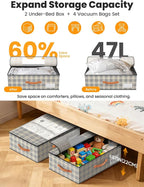 2-Pack Under Bed Storage Bins with Wheels and 4 Vacuum Seal Bags, Heavy Duty 80lbs Capacity,7.9" Height Clear Lid Organizer f