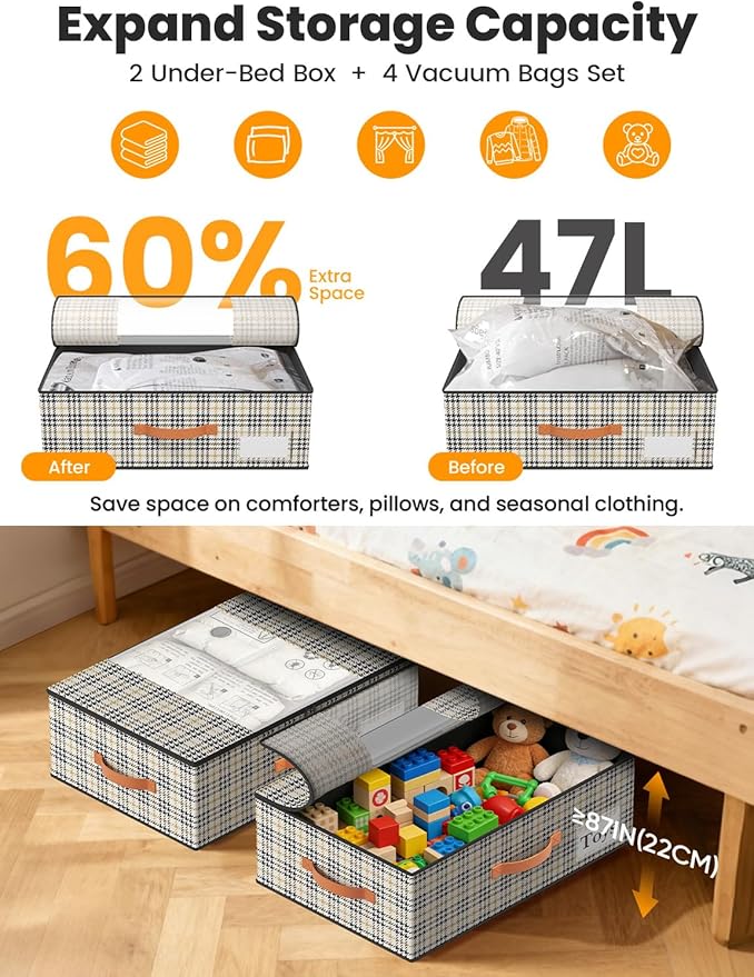 2-Pack Under Bed Storage Bins with Wheels and 4 Vacuum Seal Bags, Heavy Duty 80lbs Capacity,7.9" Height Clear Lid Organizer f